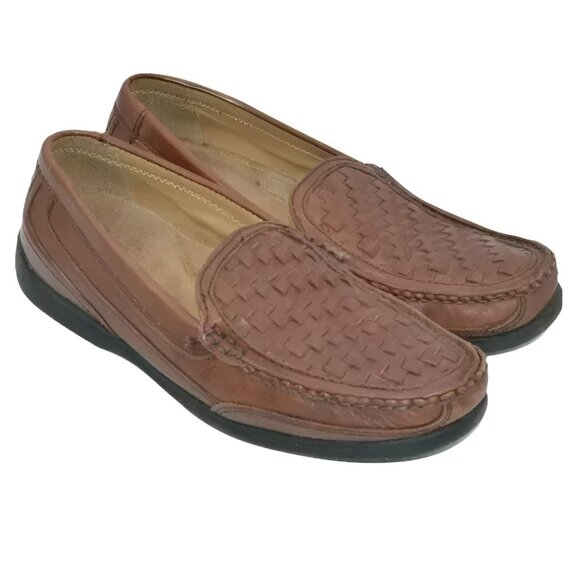 Men\'s Bass Brown Woven Genuine Leather Slip-On Moccasins Loafers Boat Shoes 10
